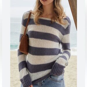 John Galt Striped Colette Boat Neck Blue & White Open Knit Sweater